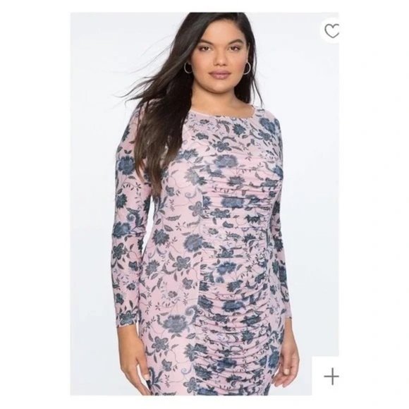 Eloquii Ruched Bodycon Floral Print Long Sleeve Stretch Midi Slit Dress Blush Pi - Picture 2 of 9